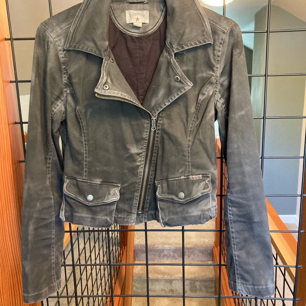 Converse distressed, cropped denim jacket, medium in gray.